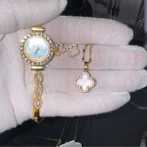 Elegant Stainless Steel Gold Plated Women's Watch , earring and Necklace Set.